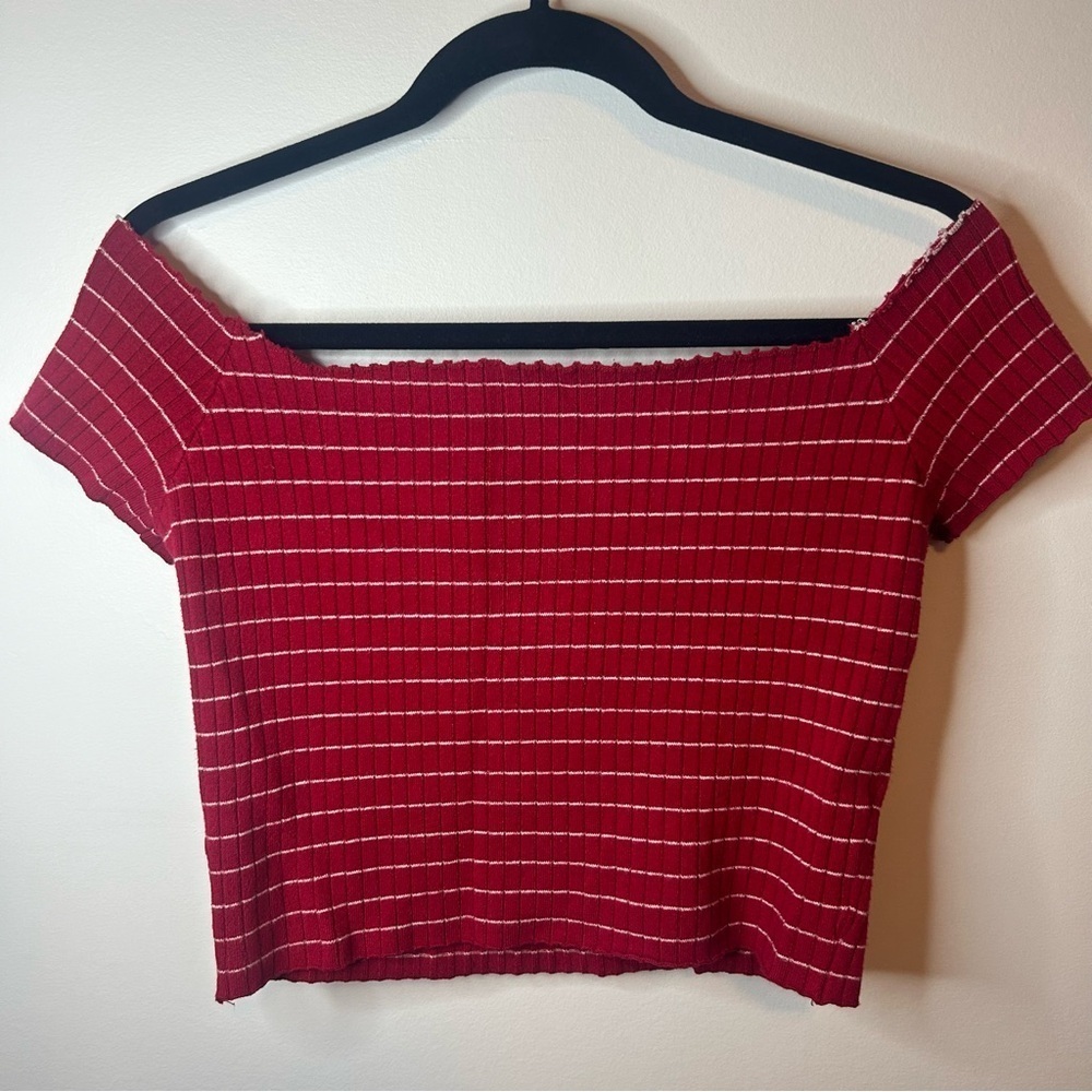 Red & White Striped Off Shoulder Crop Top Size S Summer Y2K - Picture 3 of 5